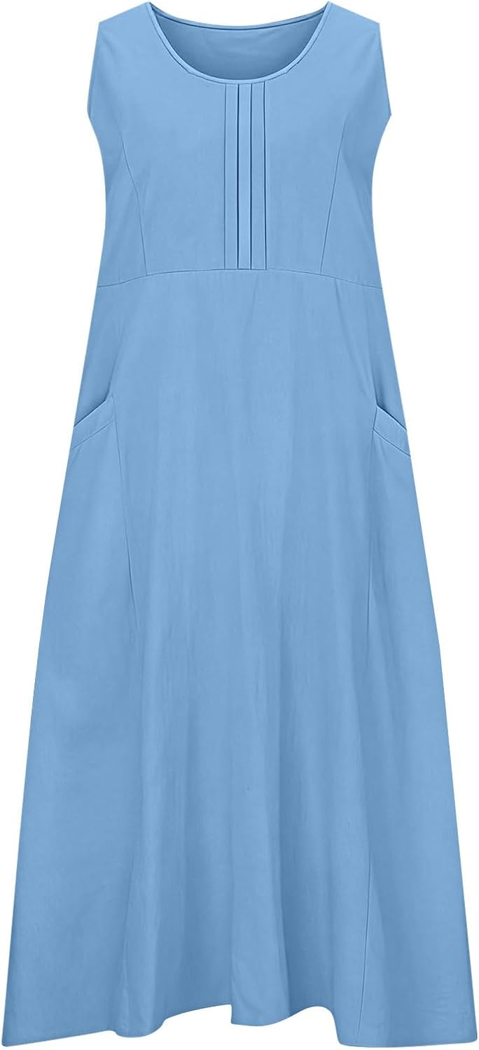 Hailey Robe Femme Lin Coton – Mi-longue Sans Manches, Plissée, Poches Décontractées