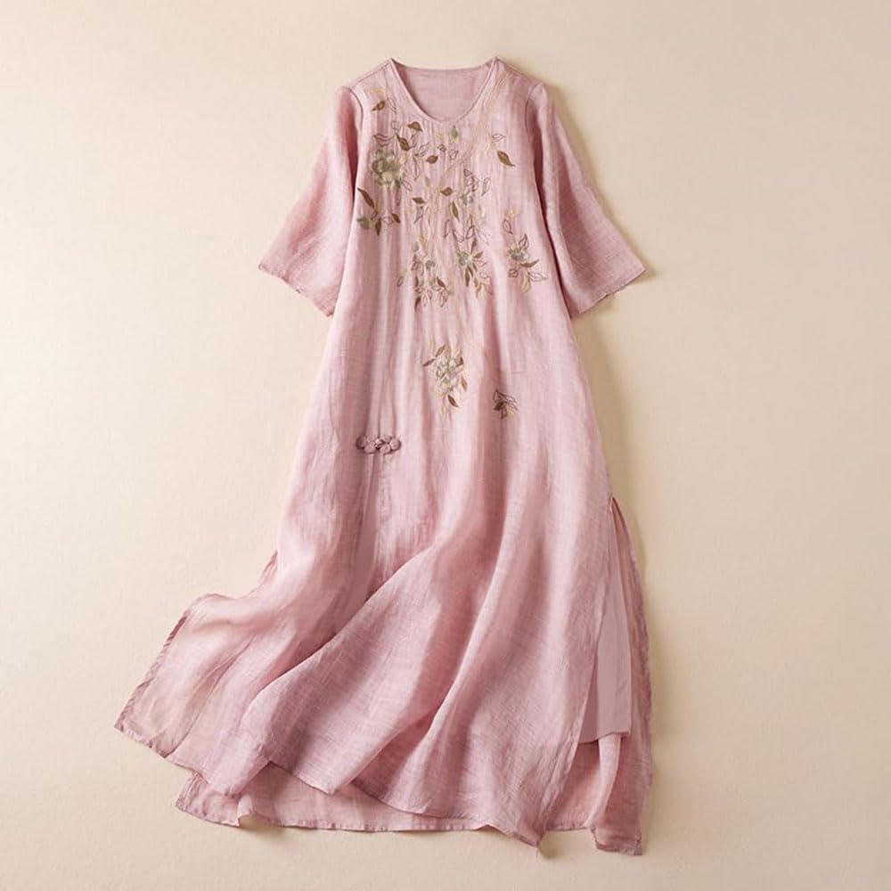 Amelia Vestido Largo Boho para Mujer – Vestido de Algodón y Lino con Bordados Florales