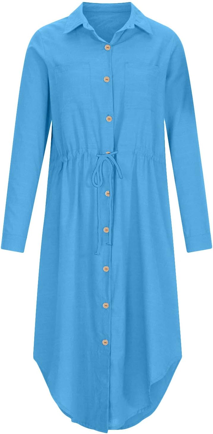 Sadie Robe en Lin Femme – Robe Midi Décontractée Élégante avec Boutons et Manches Longues