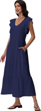 Elena Robe Midi Florale pour Femme – Robe d'Été avec Col en V et Poches