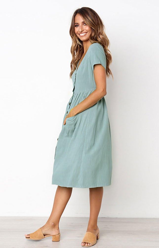 Meden Robe Femme Midi – Col en V, Boutons Décoratifs, Coupe A, Poches, Estivale
