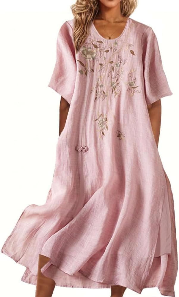 Amelia Vestido Largo Boho para Mujer – Vestido de Algodón y Lino con Bordados Florales