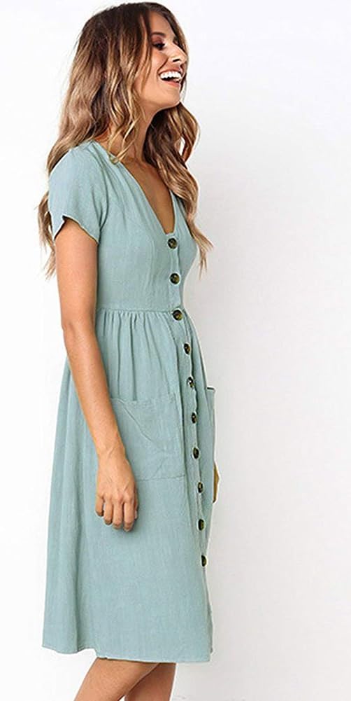 Meden Robe Femme Midi – Col en V, Boutons Décoratifs, Coupe A, Poches, Estivale