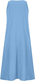 Hailey Robe Femme Lin Coton – Mi-longue Sans Manches, Plissée, Poches Décontractées