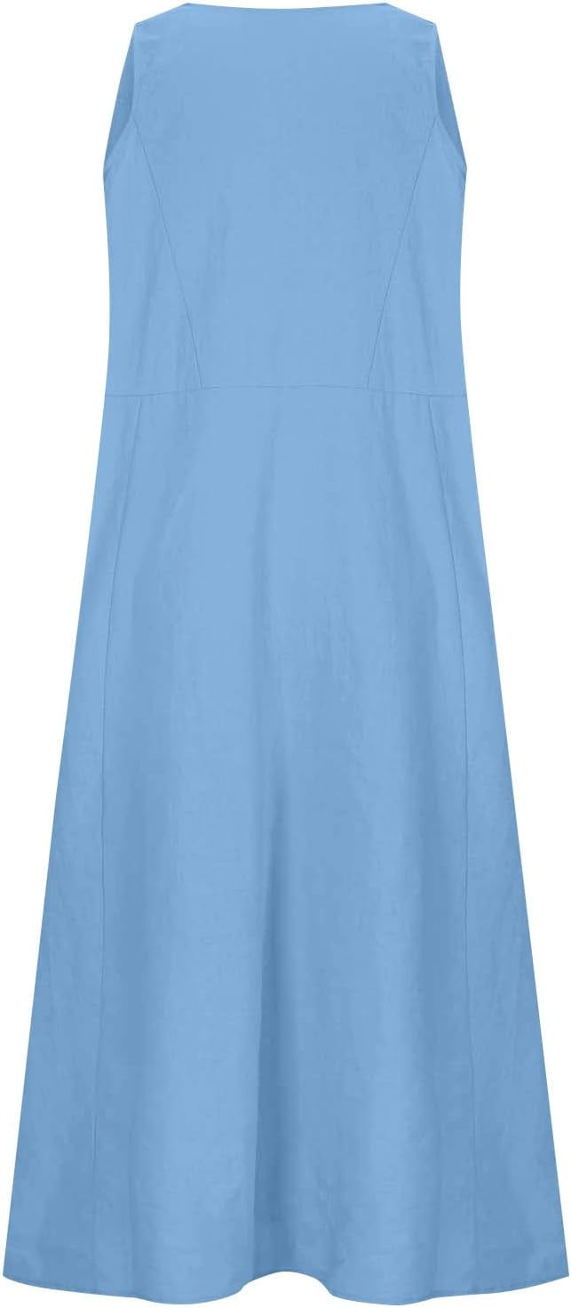 Hailey Robe Femme Lin Coton – Mi-longue Sans Manches, Plissée, Poches Décontractées