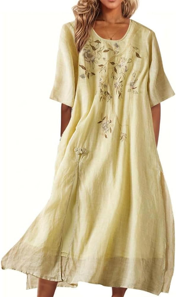 Amelia Vestido Largo Boho para Mujer – Vestido de Algodón y Lino con Bordados Florales