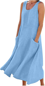 Hailey Robe Femme Lin Coton – Mi-longue Sans Manches, Plissée, Poches Décontractées