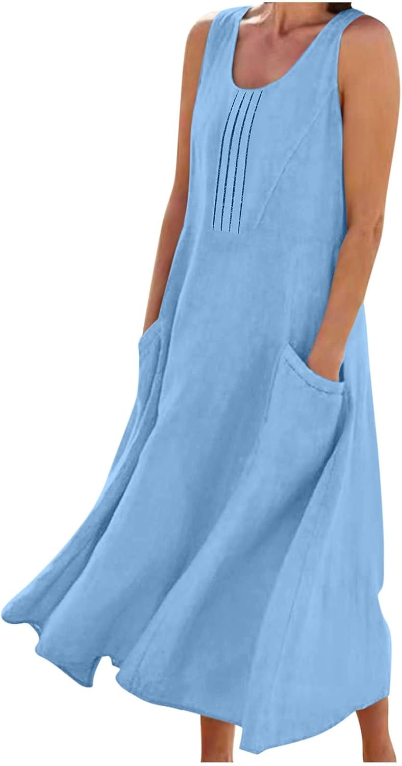Hailey Robe Femme Lin Coton – Mi-longue Sans Manches, Plissée, Poches Décontractées