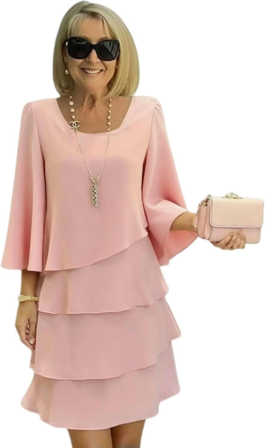 Giulia Vestido para Mujer – Vestido Midi con Volantes, Cuello Redondo, Corte Holgado Elegante
