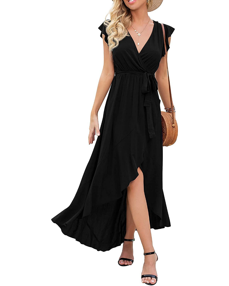 Avery Vestido largo de mujer estilo bohemio – escote en V cruzado y bajo asimétrico