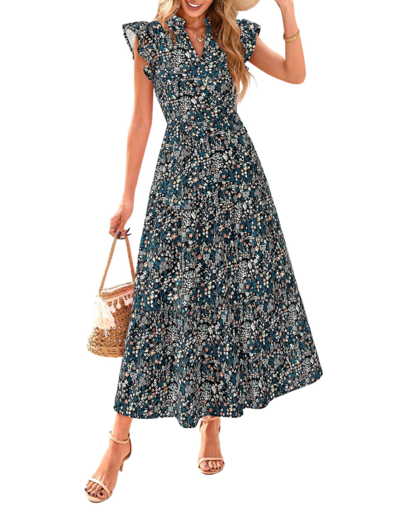 Boho women's midi dress “Juliet” – Floral with a V-neckline, tiered ruffles, and side pockets