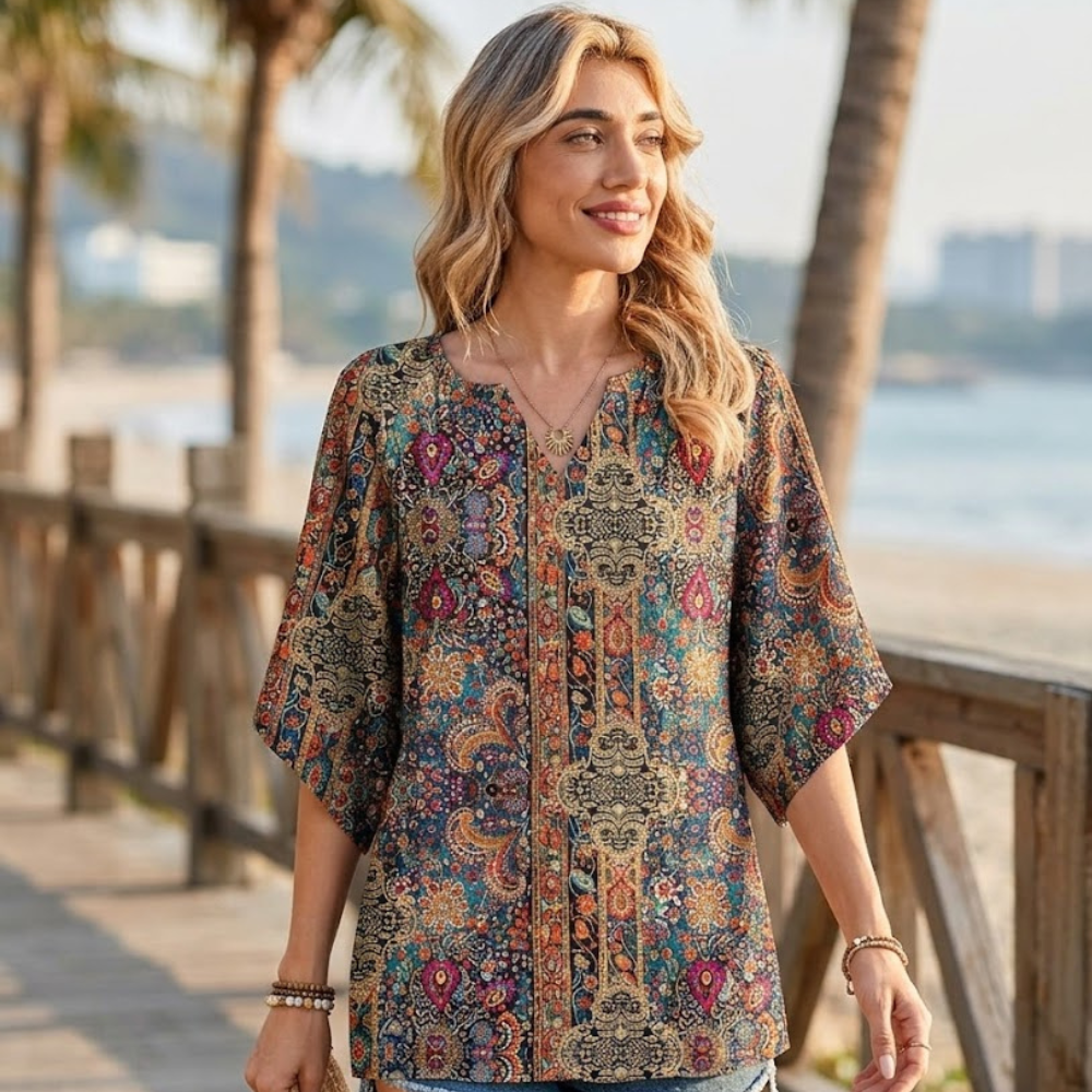 Sofia Blouse Femme – Bohème Florale, Col en V, Manches 3/4, Tunique Décontractée
