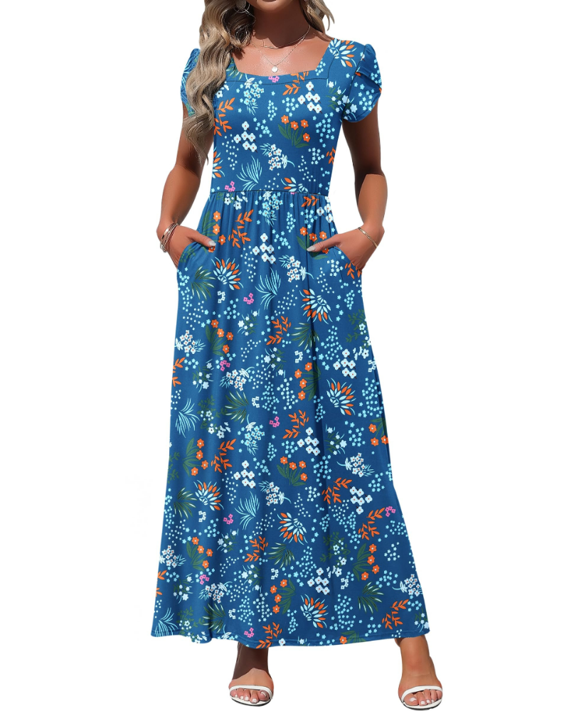 Amelia Vestido largo para mujer – Escote cuadrado, mangas de pétalo y bolsillos laterales