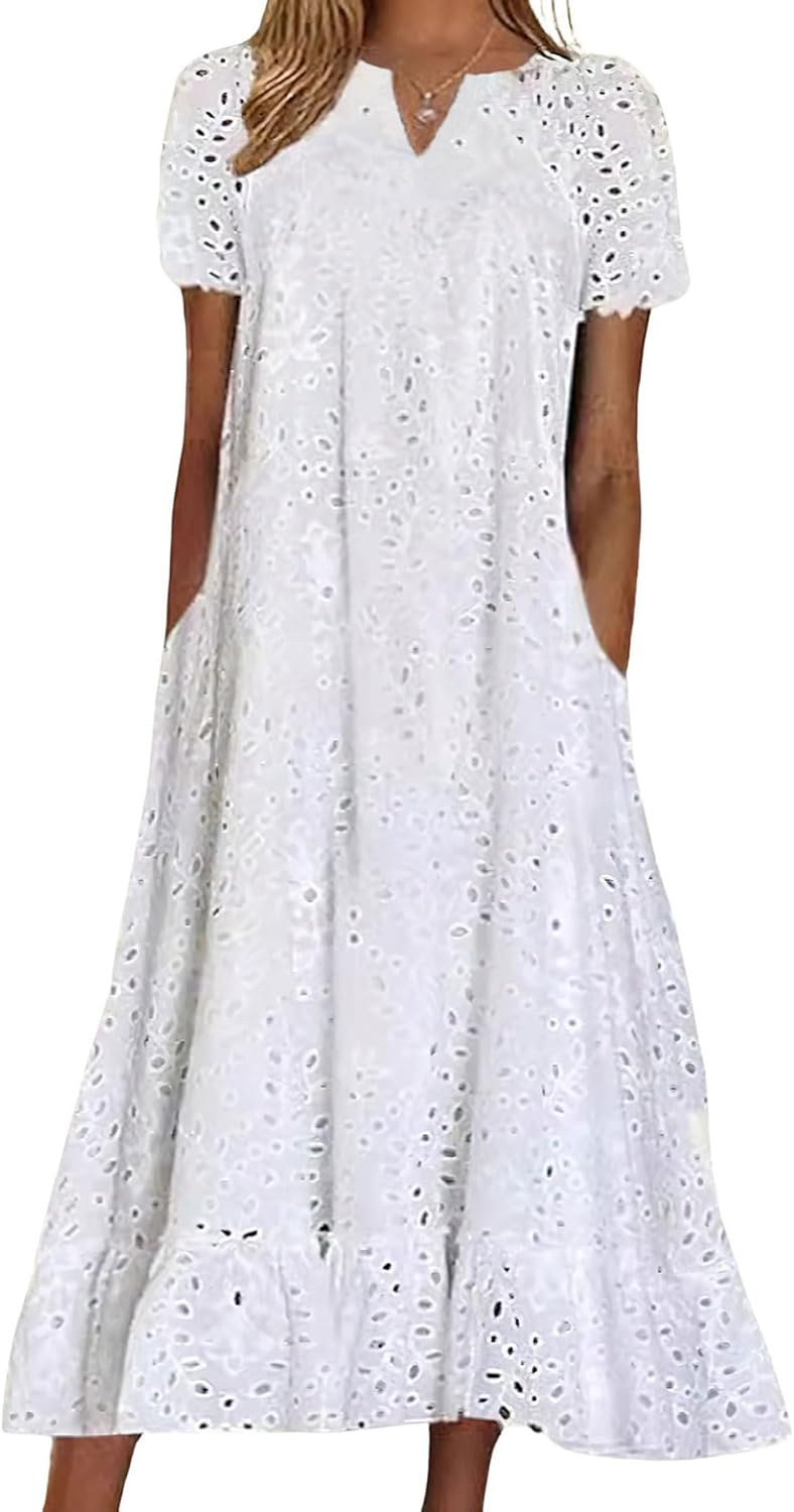Marcy Robe Femme Midi Sangallo – Encolure en V, Volants, Coupe Évasée, Poches d'Été