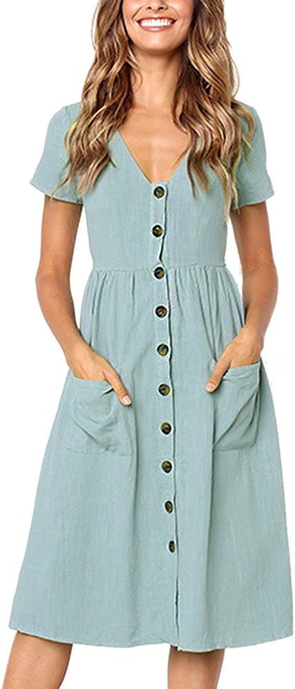 Laura Robe Midi Femme – Robe d'Été Décontractée avec Poches et Col en V
