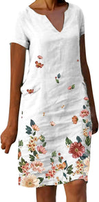 Elisa Robe Midi en Lin pour Femme – Robe Bohème Décontractée avec Col en V et Manches Courtes