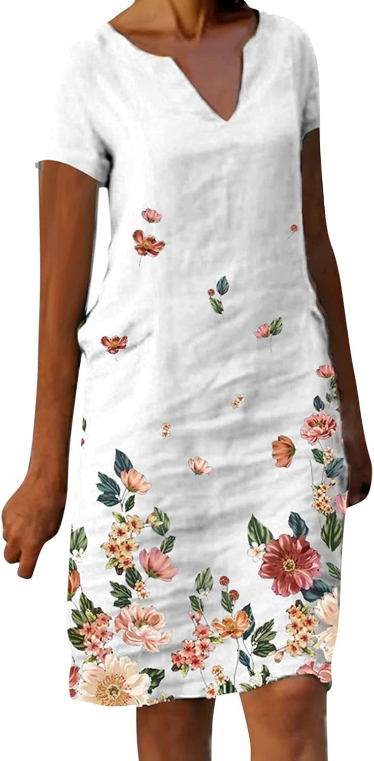 Elisa Robe Midi en Lin pour Femme – Robe Bohème Décontractée avec Col en V et Manches Courtes