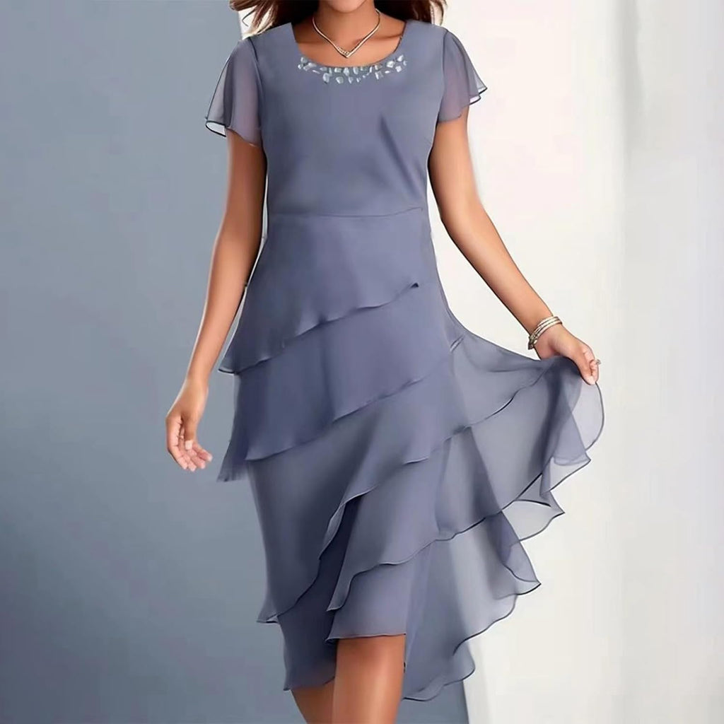Sophia Robe Élégante pour Femme – Robe d'Été en Chiffon avec Volants et Col Rond
