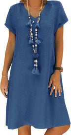 Weng Abito in Lino Donna – Vestito Midi con Scollo a V, Maniche Corte e Tasche