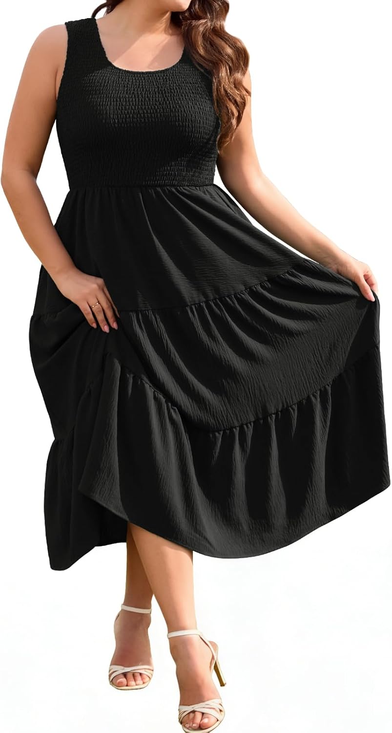 Harra Robe Femme Maxi Grande Taille – Encolure Carrée, Smockée, Coupe Évasée d'Été