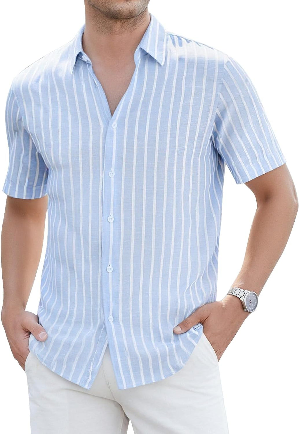 Chemise homme Luca en lin à rayures – Chemise d'été décontractée à manches courtes