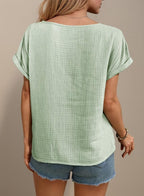 Aurora Pull Femme – Col Rond, Crochet Ajouté, Manches Courtes, Casual Élégant