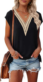 Elena Blouse Femme – Col en V avec Dentelle, Manches Courtes, Tunique Boho Décontractée