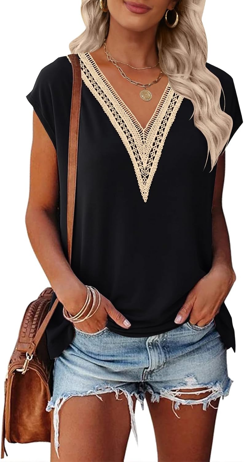Elena Blouse Femme – Col en V avec Dentelle, Manches Courtes, Tunique Boho Décontractée