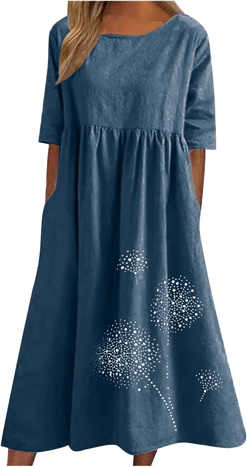Elena Robe Femme Midi Coton Lin – Robe Décontractée Col Rond Manches Courtes Grande Taille