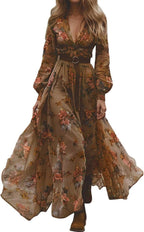 Luna Vestido Mujer – Vestido Largo Bohemio Floral, Escote en V, Mangas Largas, Elegante
