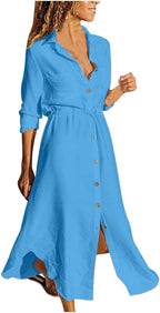 Sadie Robe en Lin Femme – Robe Midi Décontractée Élégante avec Boutons et Manches Longues