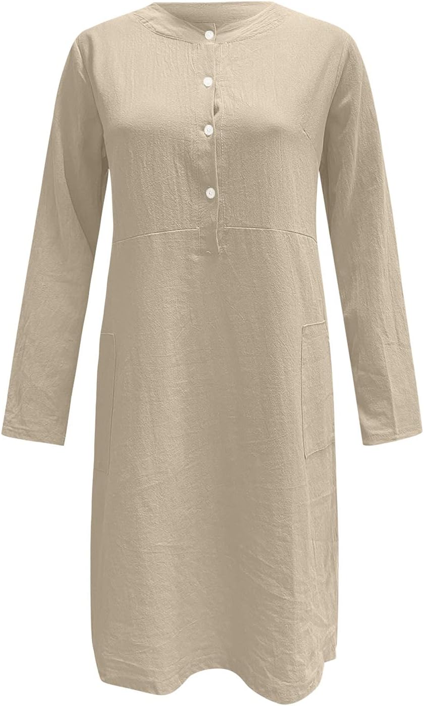 Giulia Robe bohème en lin pour femme – Robe décontractée mi-longue avec boutons et poches