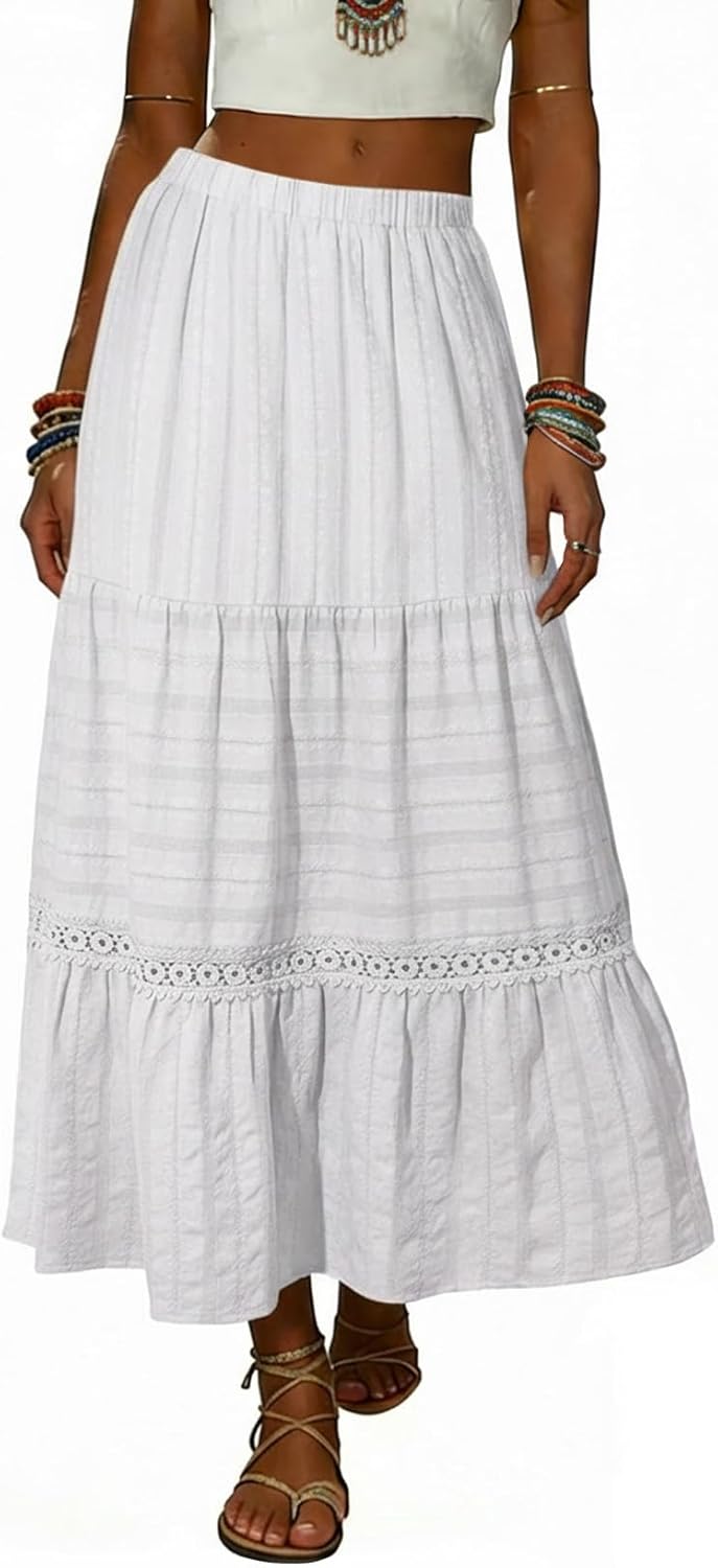 Breilla Falda Maxi para Mujer Boho – Falda Larga de Algodón con Detalles en Encaje Crochet