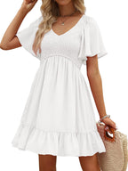 Mani Vestido Mujer Mini – Escote en V, Mangas Flutter, Fruncido, Bolsillos Verano Chic