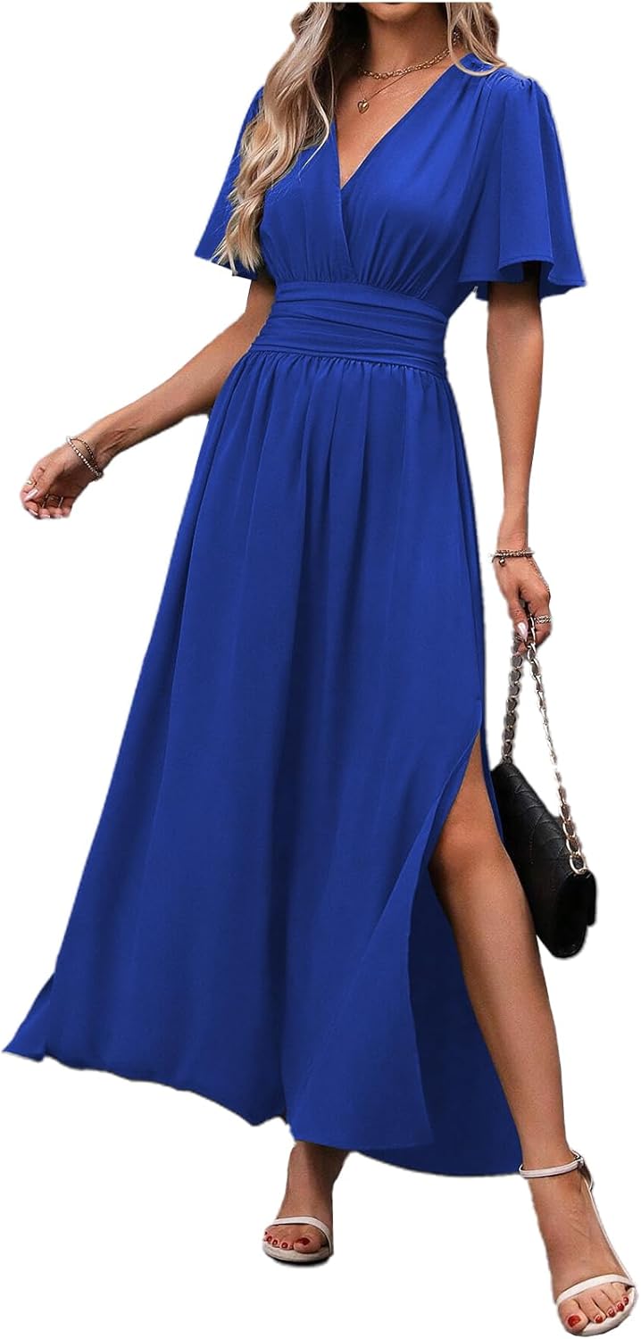 Elena Vestido Elegante para Mujer – Vestido Maxi Plisado con Escote en V y Aberturas