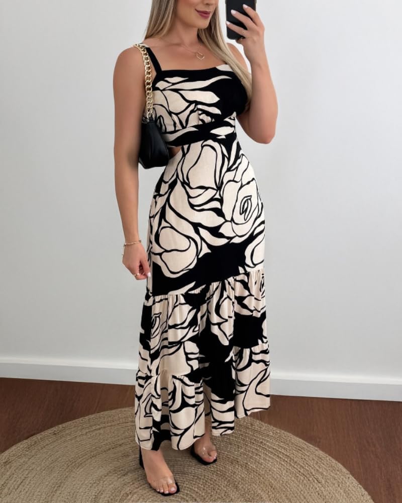 Giulia Abito Maxi Boho Donna – Scollo Quadrato, Cut-Out, Floreale A-Line Estivo