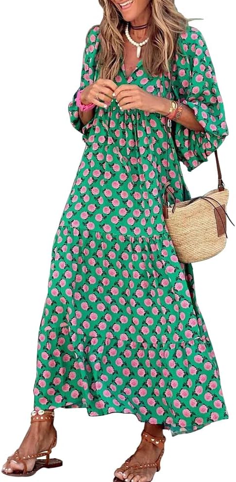 Mandie Robe Femme Maxi Bohème – Décolleté en V Profond, Manches Mi-longues, Coupe A d'Été