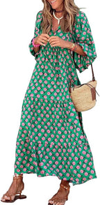 Mandie Robe Femme Maxi Bohème – Décolleté en V Profond, Manches Mi-longues, Coupe A d'Été
