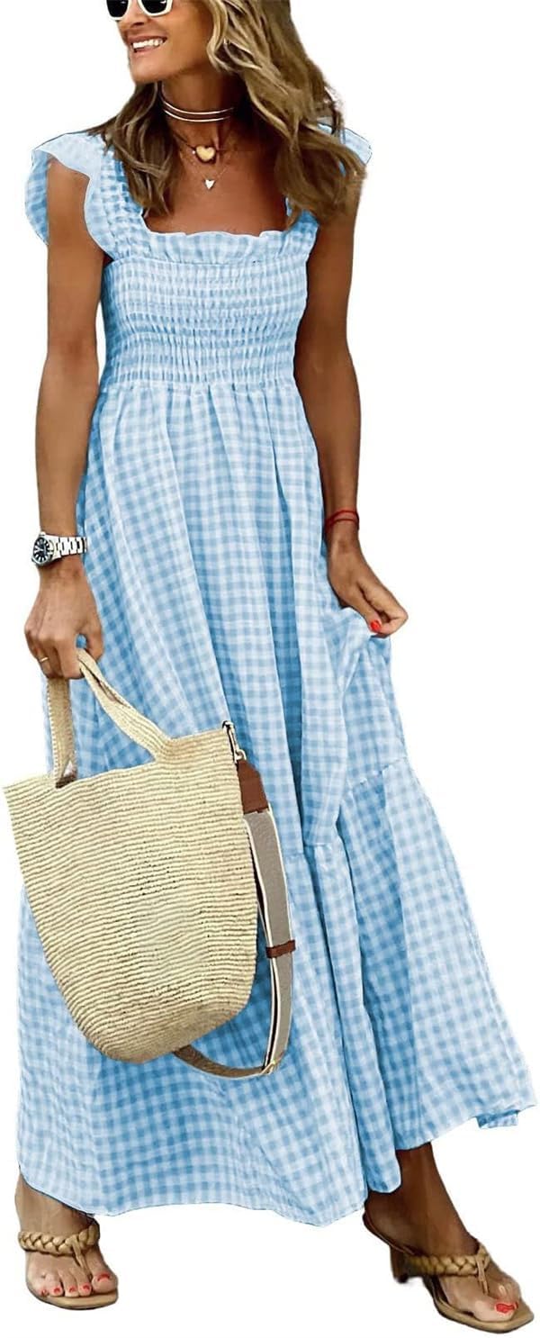 Emma Robe Maxi à Carreaux pour Femme – Robe d'Été avec Corsage Froncé et Poches