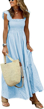 Emma Robe Maxi à Carreaux pour Femme – Robe d'Été avec Corsage Froncé et Poches