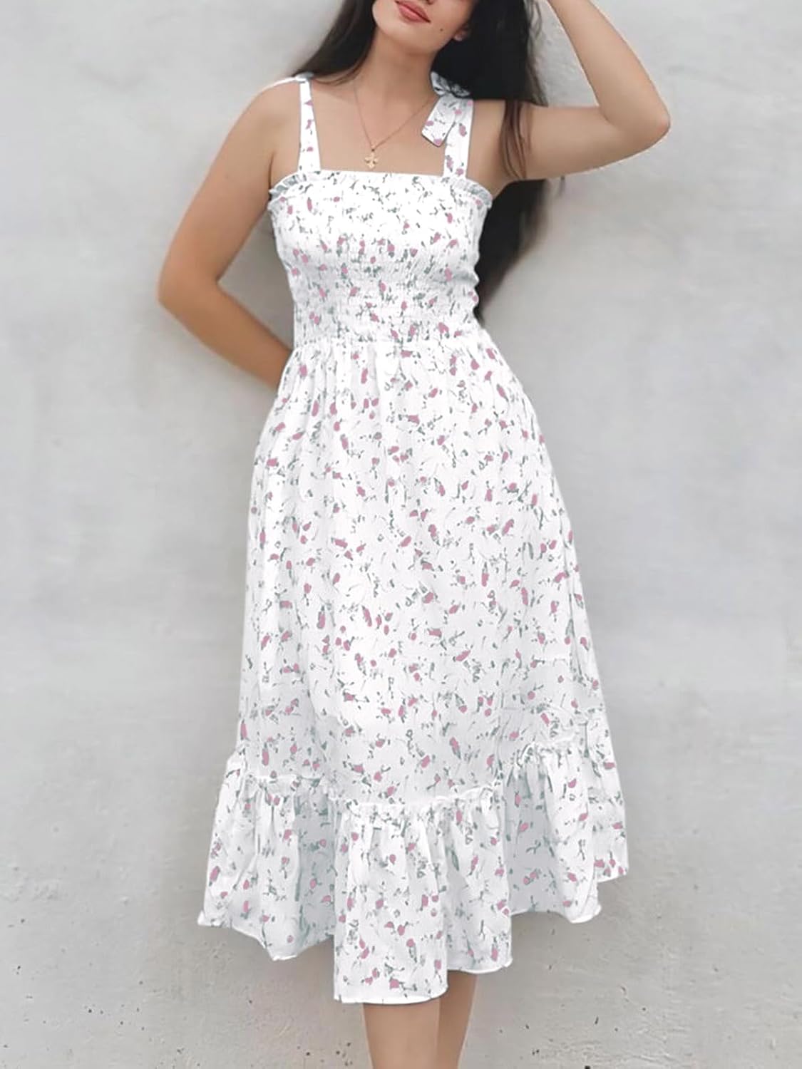 Jaimee Robe Femme Maxi Florale – Bretelles Réglables, Smock, Coupe Évasée d'Été