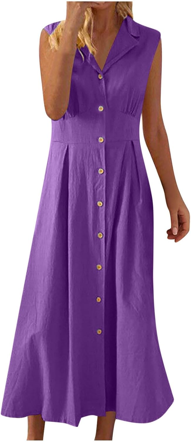 Aurora Vestido Mujer – Vestido Largo de Lino y Algodón, Sin Mangas, con Botones
