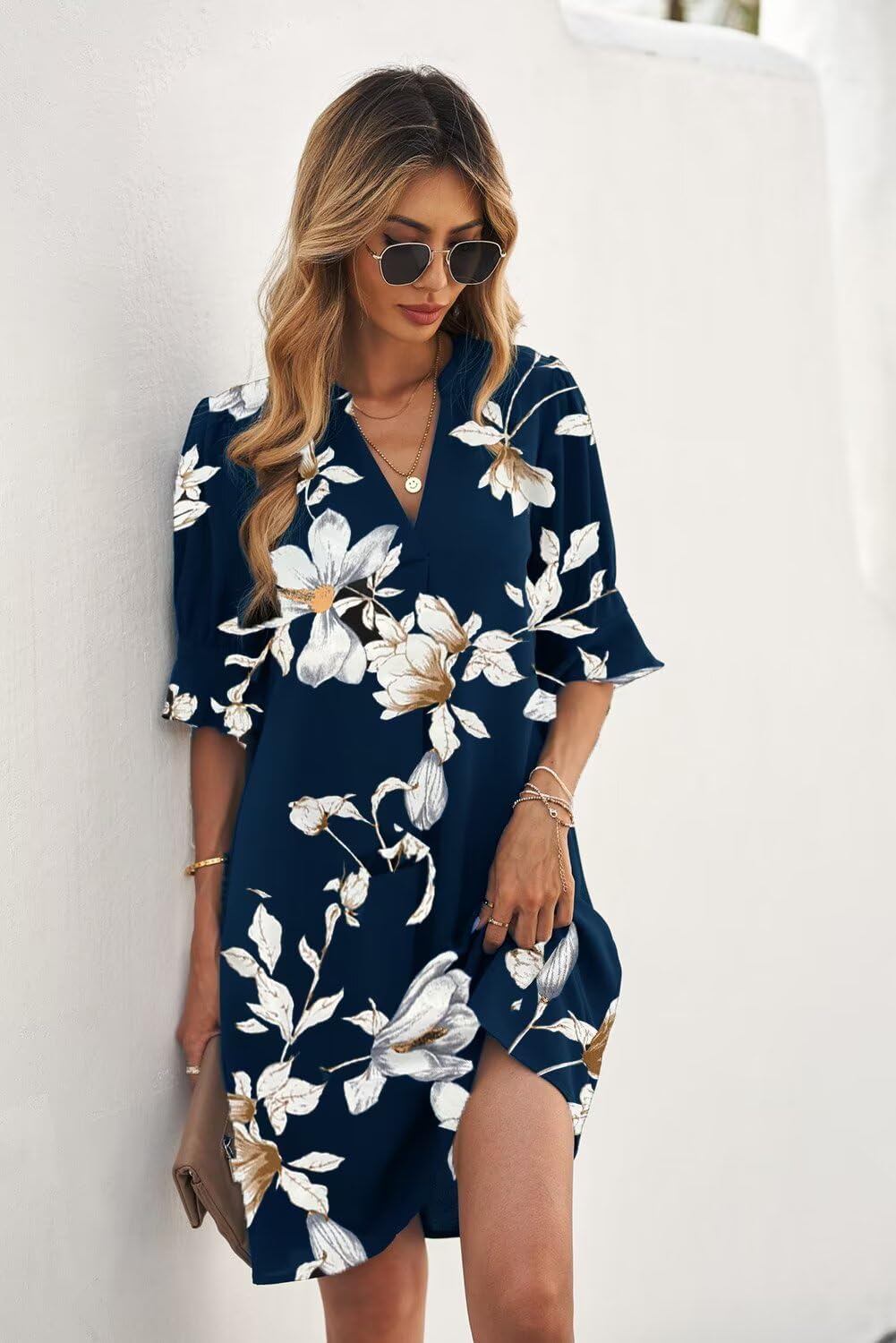 Chiara Vestito Donna Estivo – Scollo V con Volant, Floreale, Taglio Morbido Casual