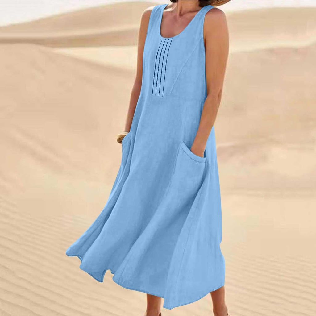 Hailey Robe Femme Lin Coton – Mi-longue Sans Manches, Plissée, Poches Décontractées