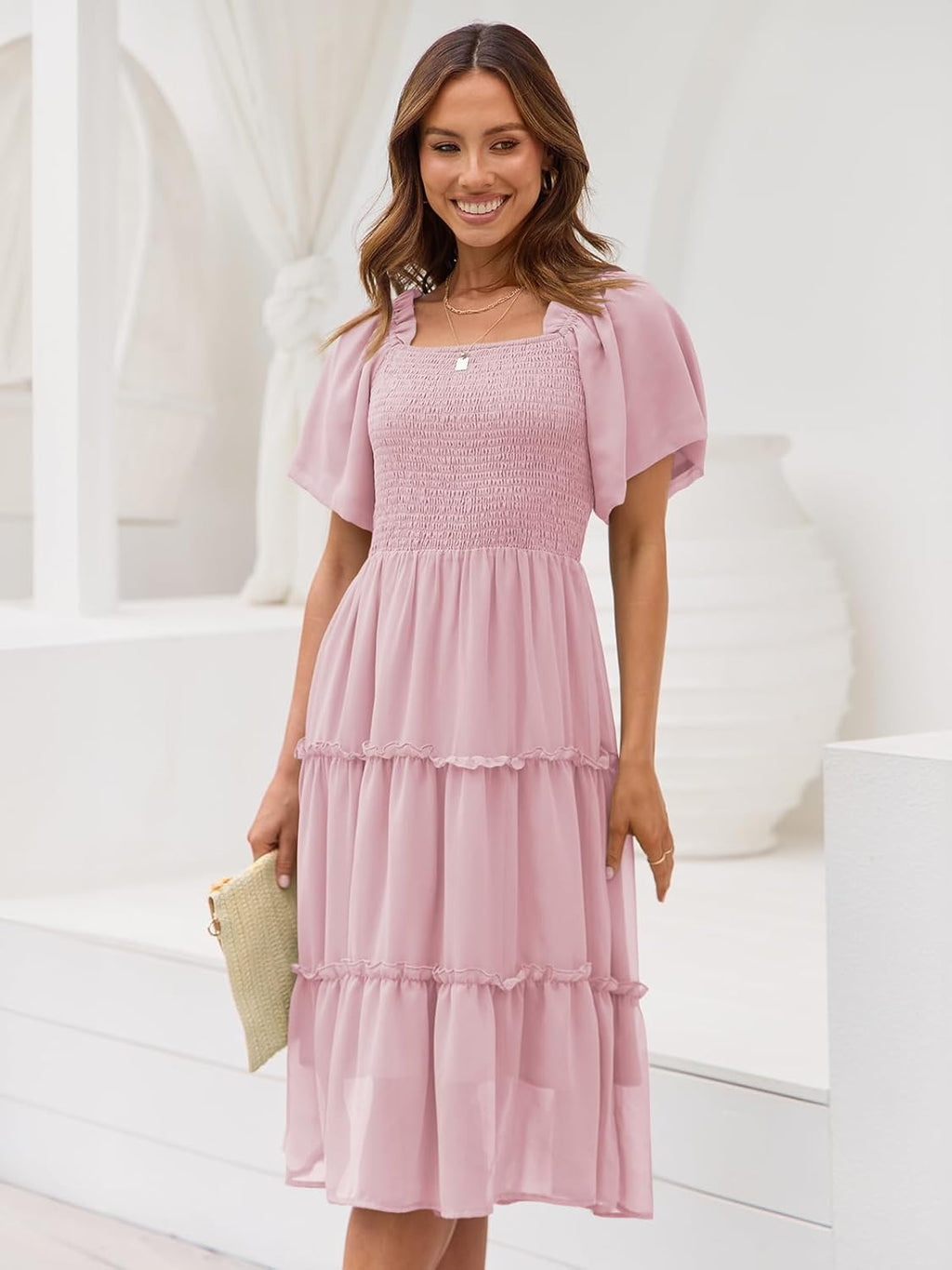 Robe midi Valentina pour femme – Encolure carrée, smock, manches volantées en ligne A
