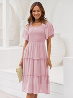 Robe midi Valentina pour femme – Encolure carrée, smock, manches volantées en ligne A
