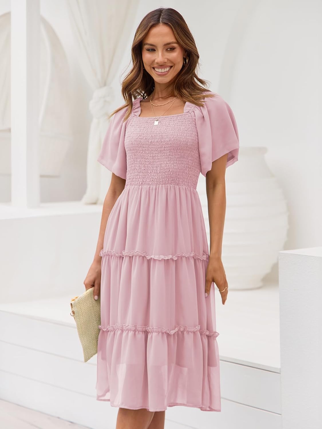 Robe midi Valentina pour femme – Encolure carrée, smock, manches volantées en ligne A