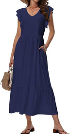 Elena Robe Midi Florale pour Femme – Robe d'Été avec Col en V et Poches
