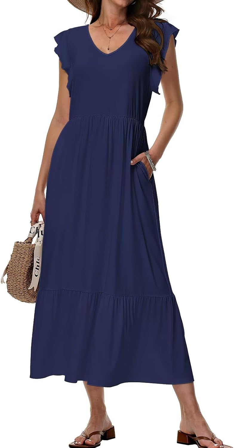 Elena Robe Midi Florale pour Femme – Robe d'Été avec Col en V et Poches