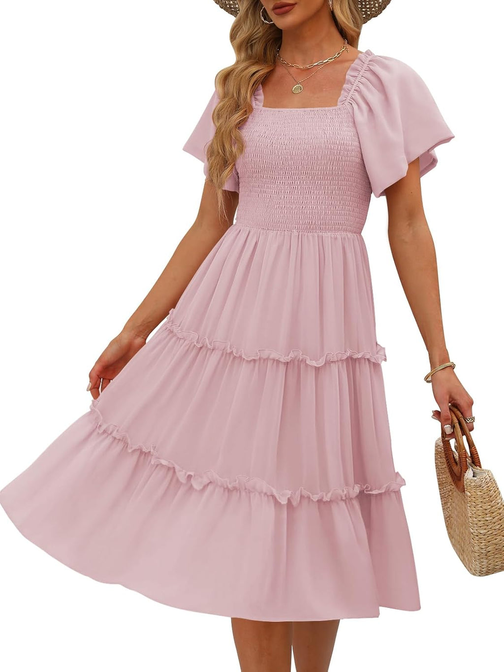 Robe midi Valentina pour femme – Encolure carrée, smock, manches volantées en ligne A